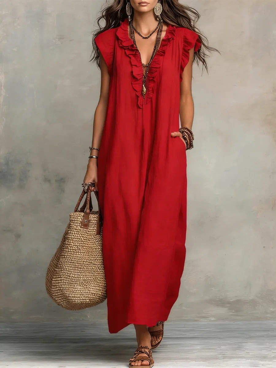 Women's Linen V-Neck Sleeveless Kaftan Boho Maxi Dress