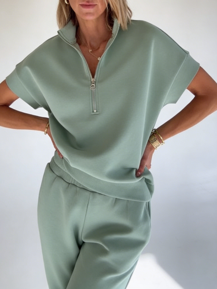 Women's Fleece Short Sleeve Quarter Zip Tracksuit Loungewear Set
