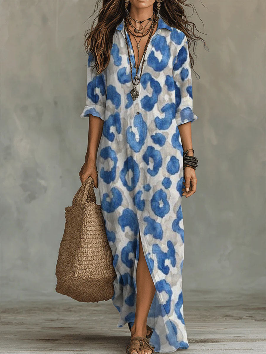 Women's Linen Floral Printed Long Sleeve Boho Maxi Shirt Dress