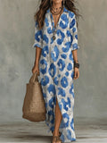 Women's Linen Floral Printed Long Sleeve Boho Maxi Shirt Dress
