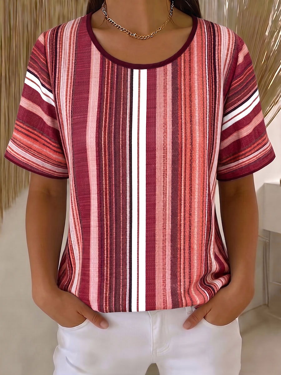 Women's Striped Knit T-Shirt Short Sleeve Linen Mix Top