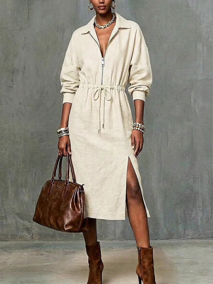 Women's Linen Zip Collar Midi Shirt Dress