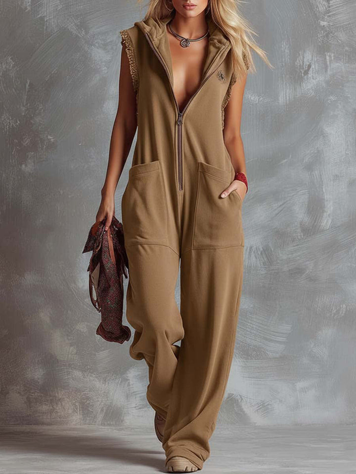 Women's Fleece Sleeveless Hooded Jumpsuit Wide Leg Romper
