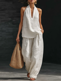 Women's Linen Halter Neck Top and Wide Leg Trousers Two Piece Set