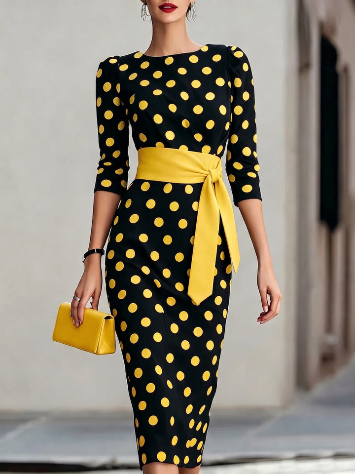 Women's Polka Dot Bodycon Midi Dress With Belt