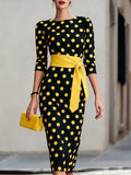 Women's Polka Dot Bodycon Midi Dress With Belt