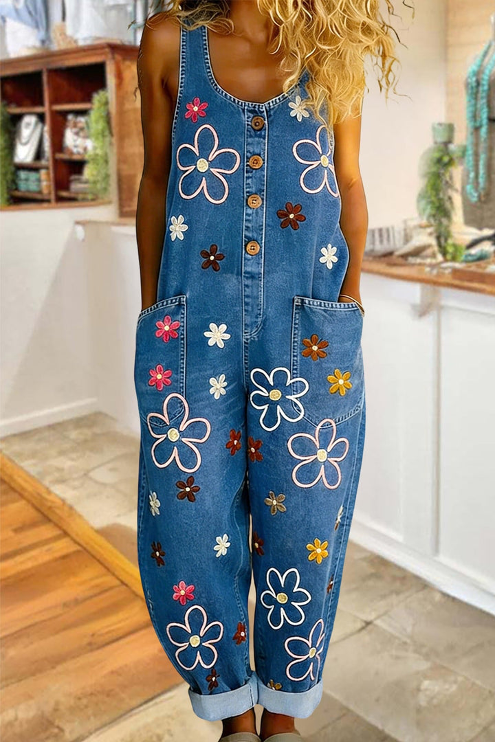 Women's Denim Floral Dungarees Jumpsuit Romper Overalls