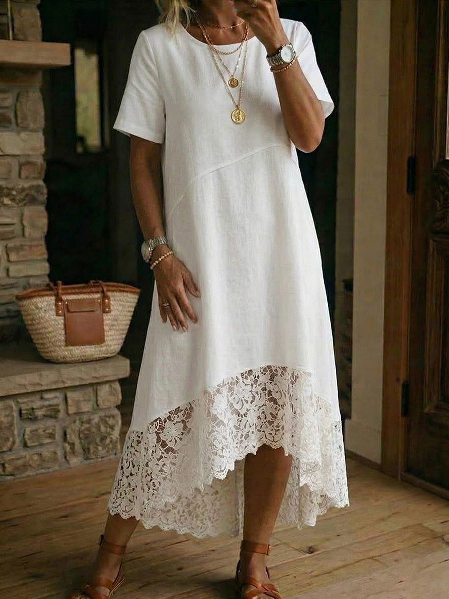 Women's Linen High-Low Midi Dress with Short Sleeves