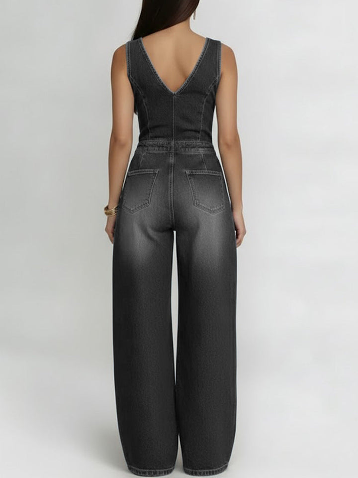 Women's Denim Wide Leg Jumpsuit Sleeveless V-Neck One Piece Bodysuit
