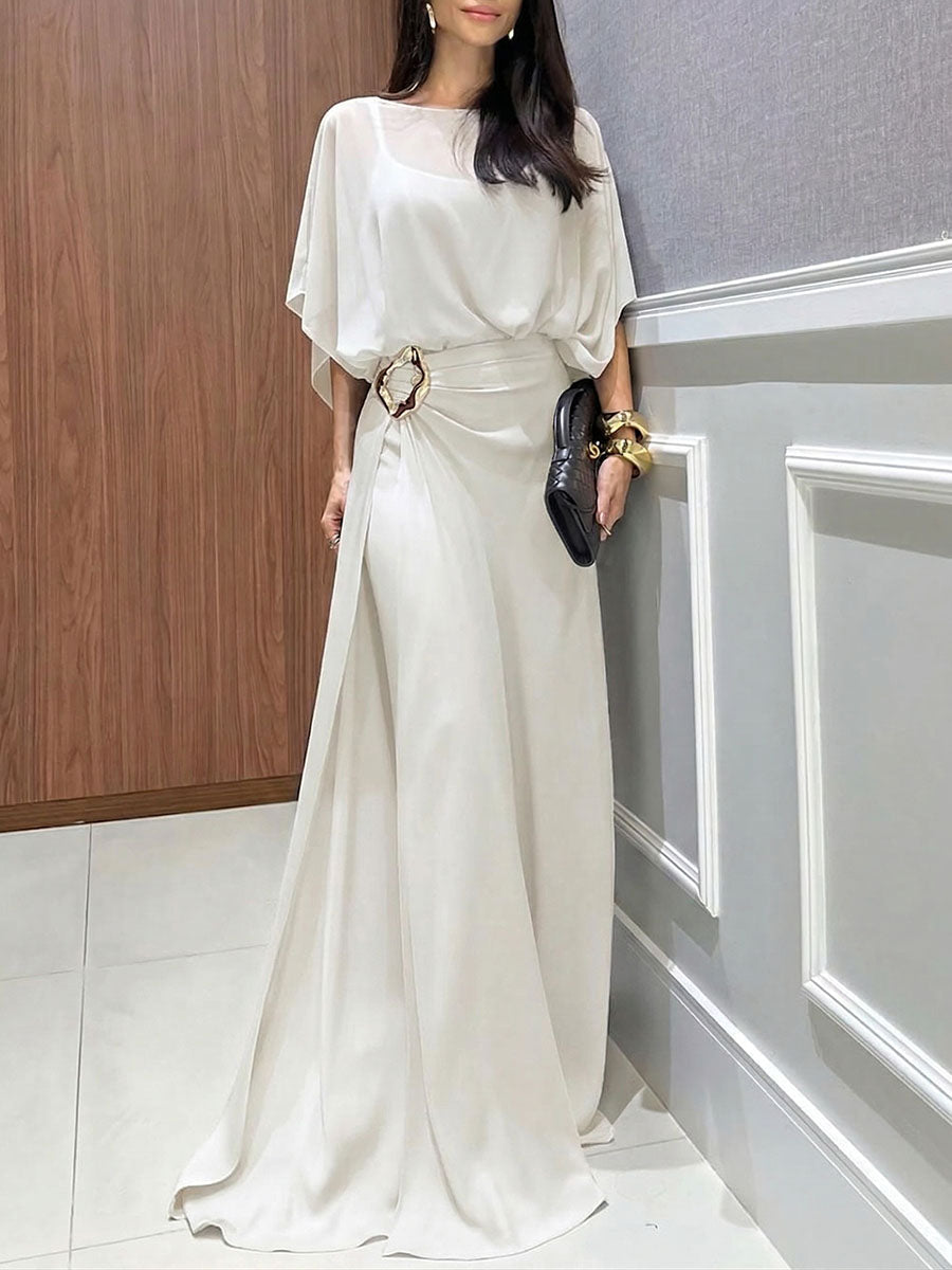 Women's Silk Draped Batwing Sleeve Evening Gown Party Dress