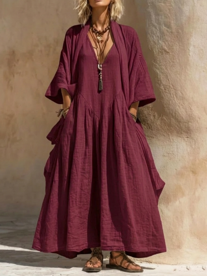 Women's Linen-Look V-Neck Maxi Dress and Cardigan Set
