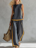 Women's Linen Blend Two Piece Sleeveless Top and Wide Leg Trousers Set
