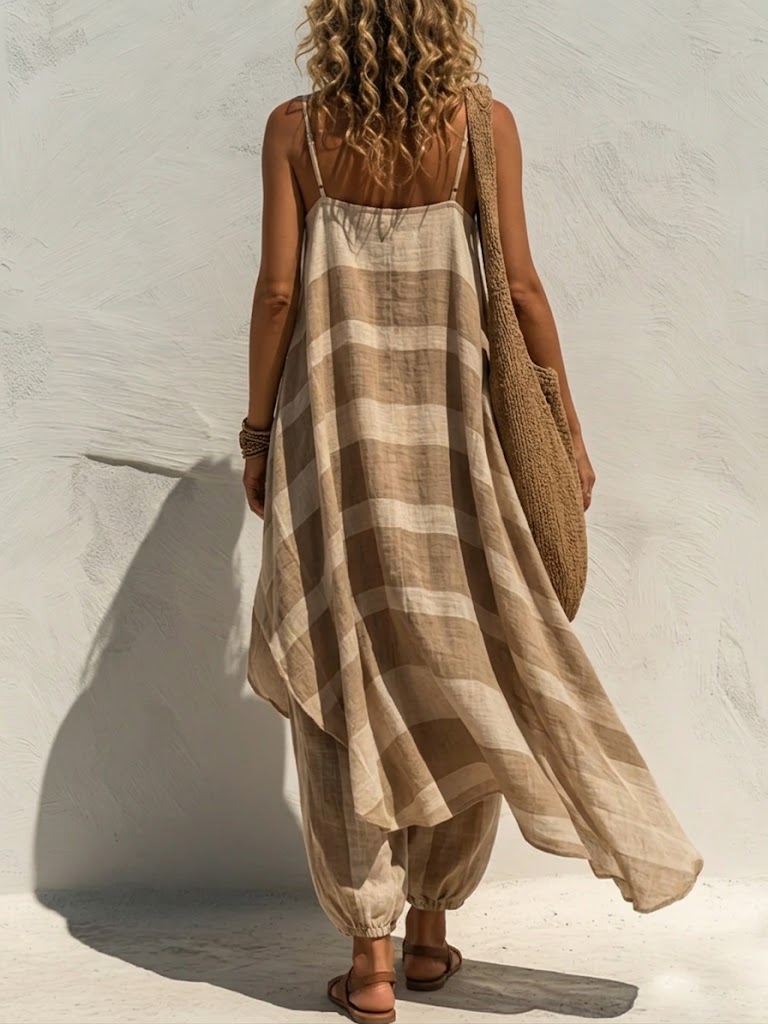 Women's Linen Striped Cami Cardigan & Harem Pants Set