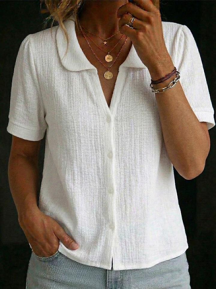 Women's Short Sleeve Knit Polo Shirt Button Up Textured Blouse Top