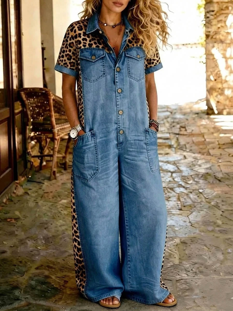 Women's Leopard Print Denim Short Sleeve Wide-Leg Jumpsuit