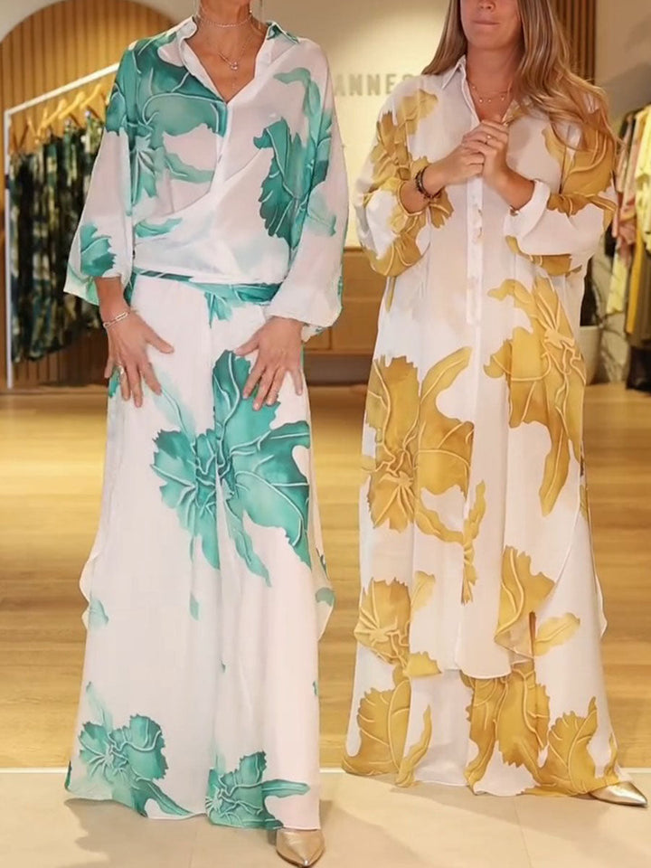 Women's Chiffon Floral High Waist Wide Leg Trousers and Long Sleeve Blouse Set