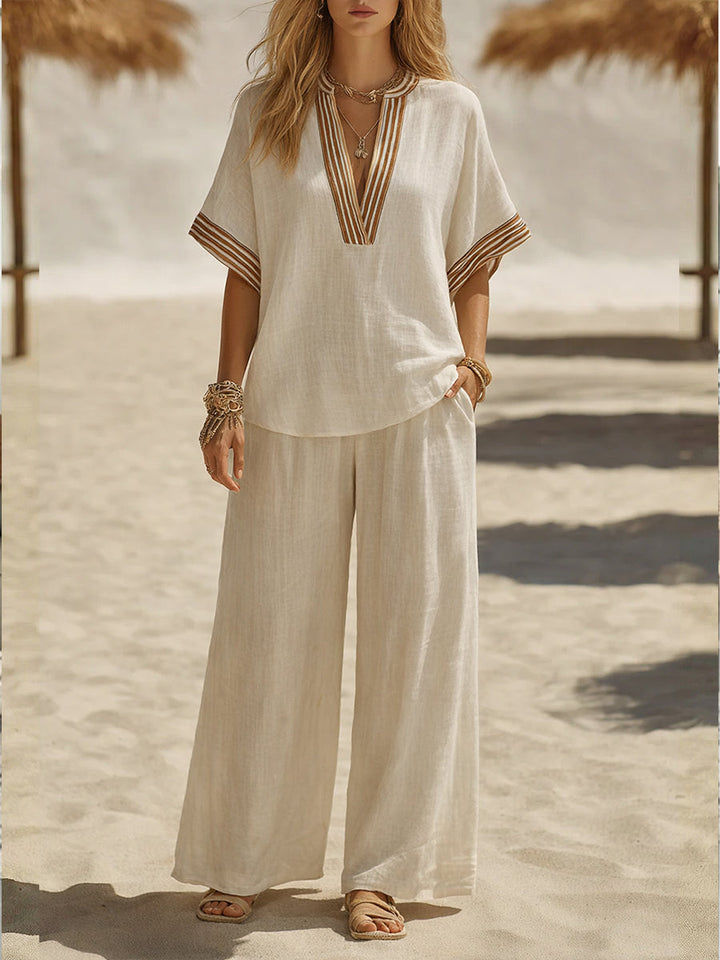 Women's Linen Two Piece Set Wide Leg Trousers and V Neck Tunic Top Outfit