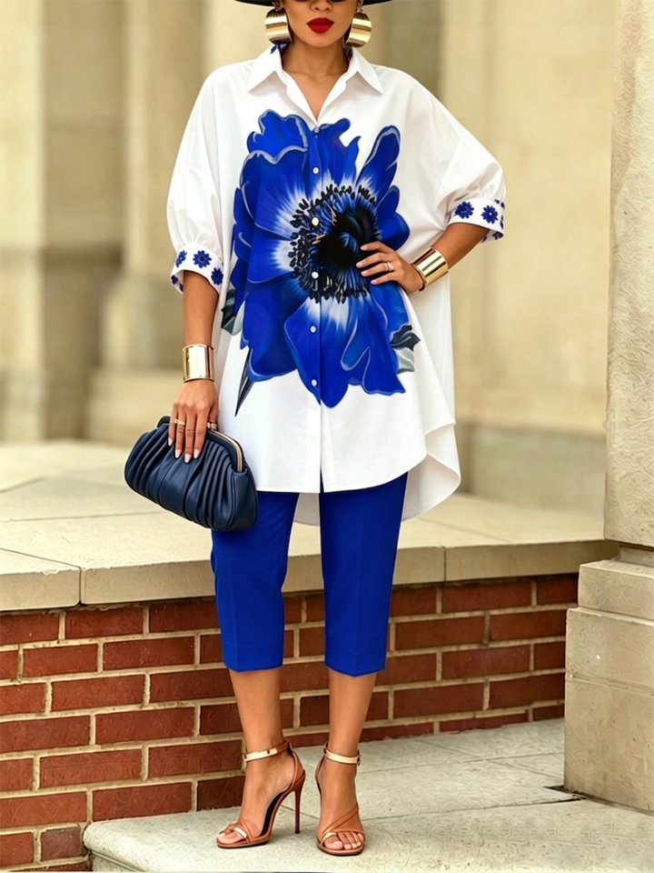Women's Floral Print Oversized Linen Mix Shirt and Cropped Trousers Set