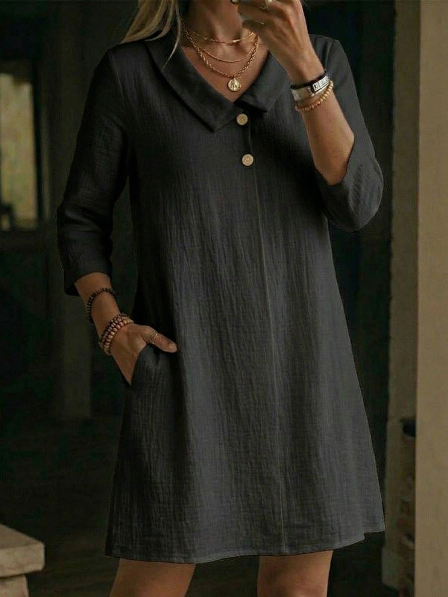Women's Linen Shift Dress Three-Quarter Sleeve Tunic Shirt Dress