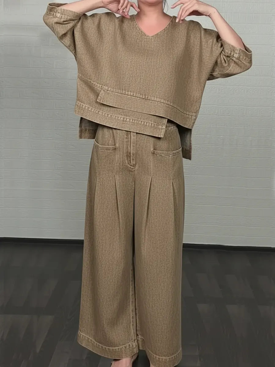 Women's Linen V-Neck Top and Wide Leg Trouser Set