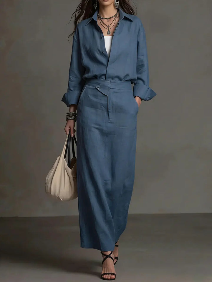 Women's Two Piece Linen Shirt and Maxi Skirt Set Long Sleeve Casual Outfit