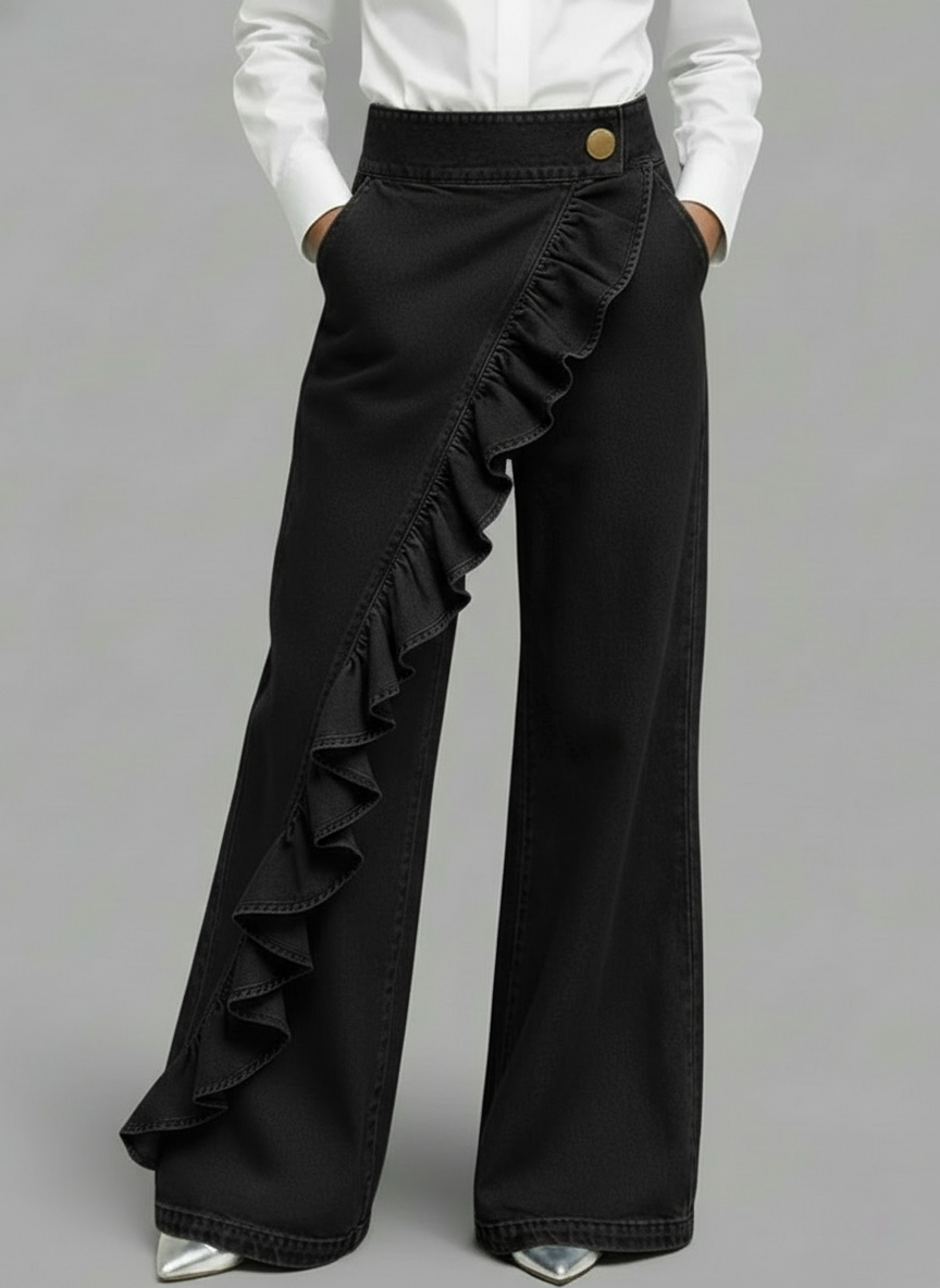 Women's Ruffle Front Wide Leg Denim Jeans