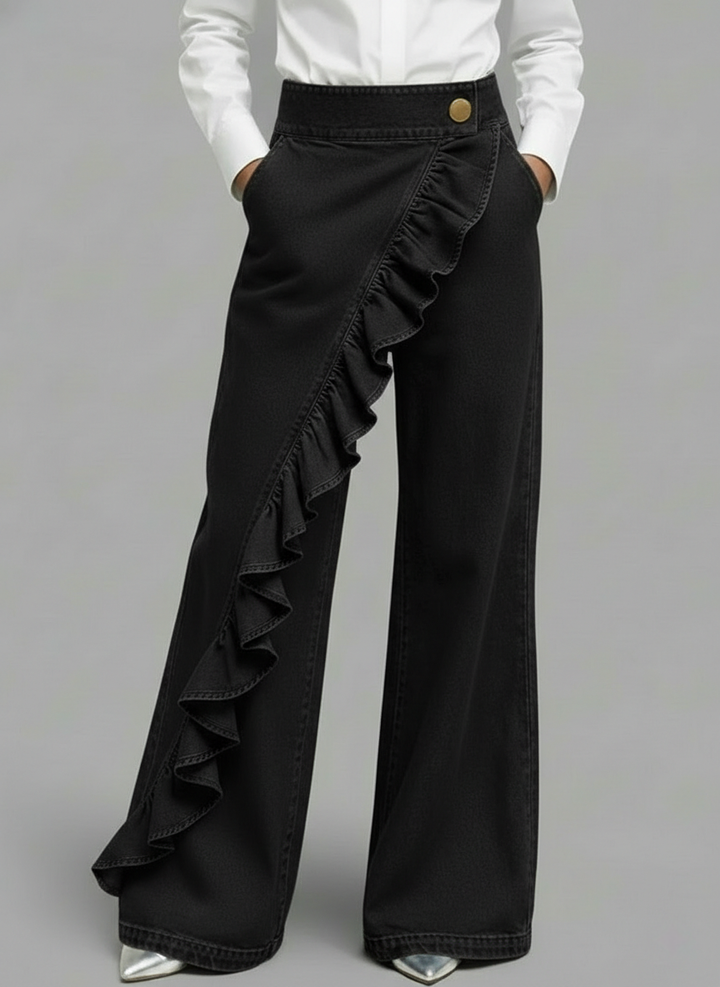 Women's Ruffle Front Wide Leg Denim Jeans