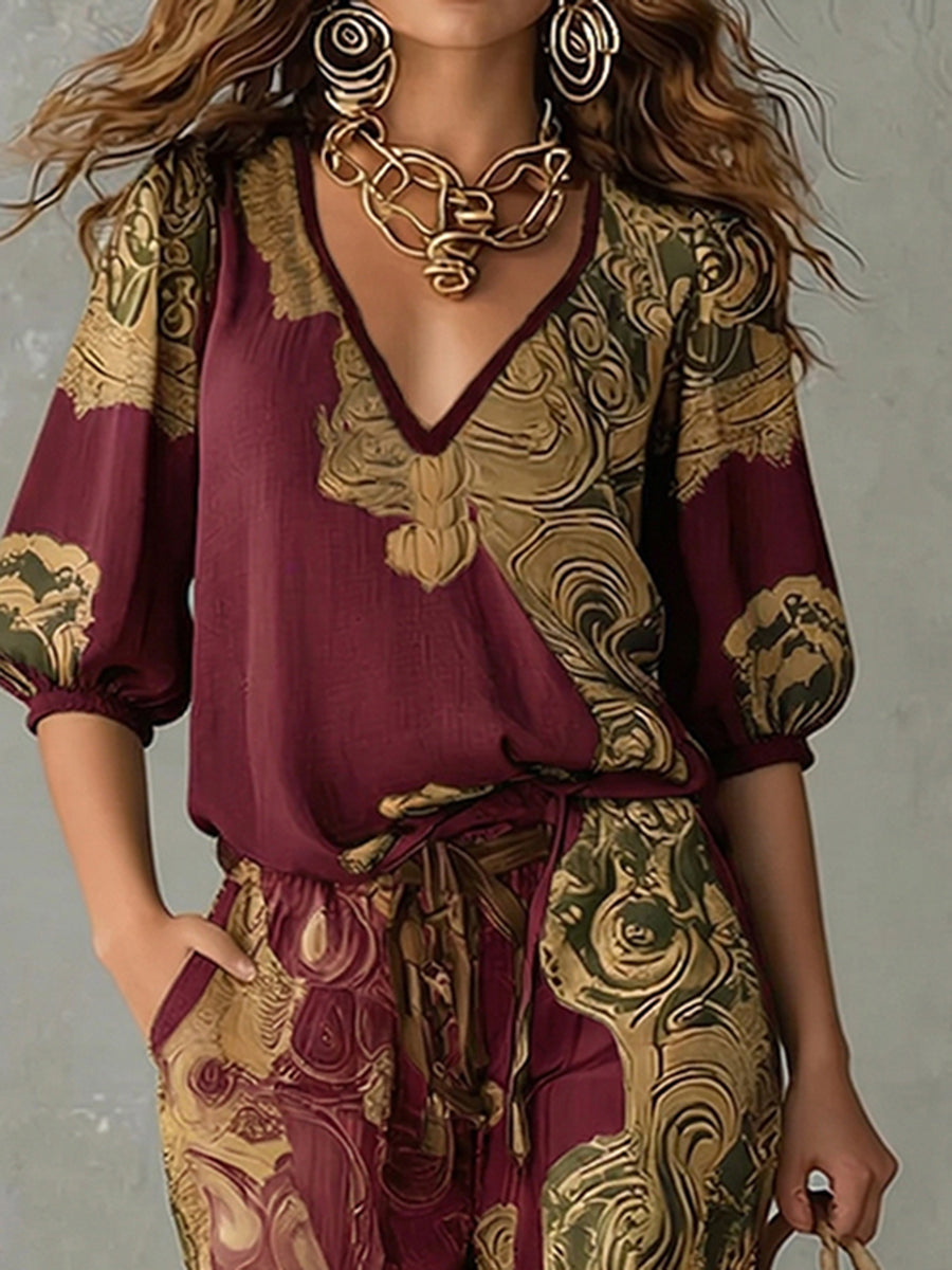 Women's Linen V-Neck Shirt Bohemian Retro Printed Loose Half Sleeve Top