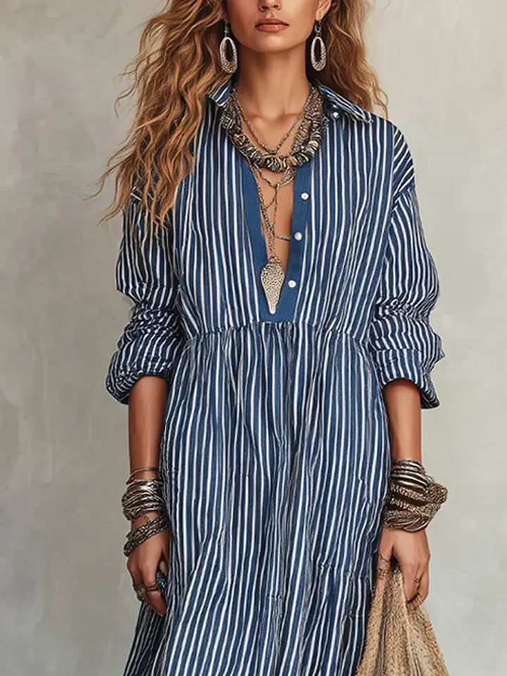 Women's Striped Button Up Linen Shirt Maxi Dress
