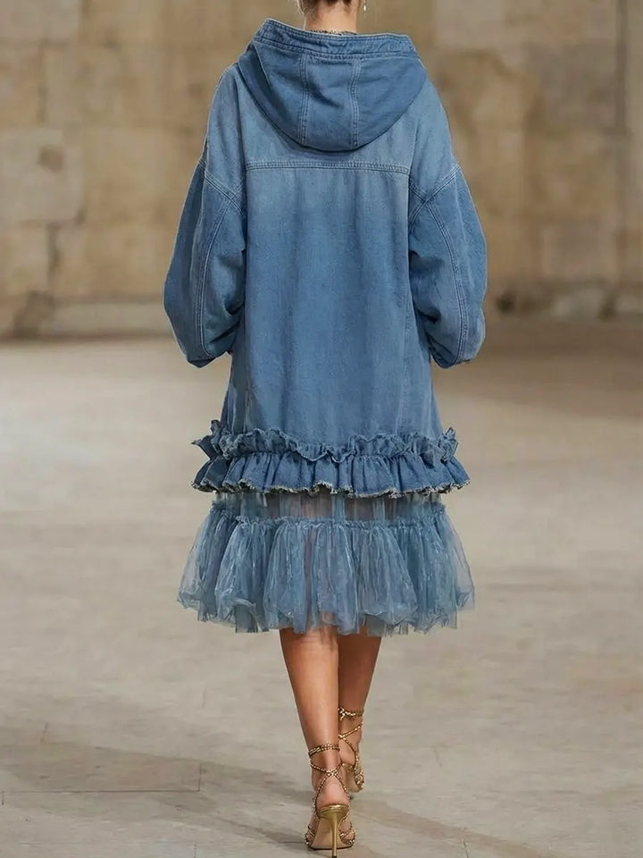 Women's Fleece Hoodie Dress Oversized Tulle Hem Long Sleeve Pullover