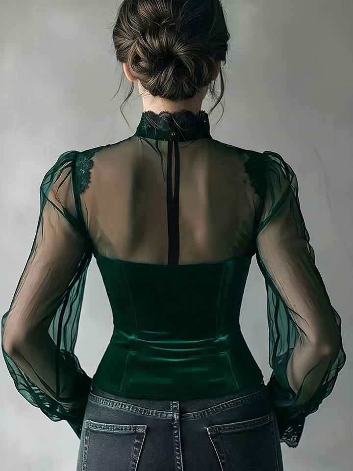 Blouse pour femme en velours et mesh à col haut et manches longues