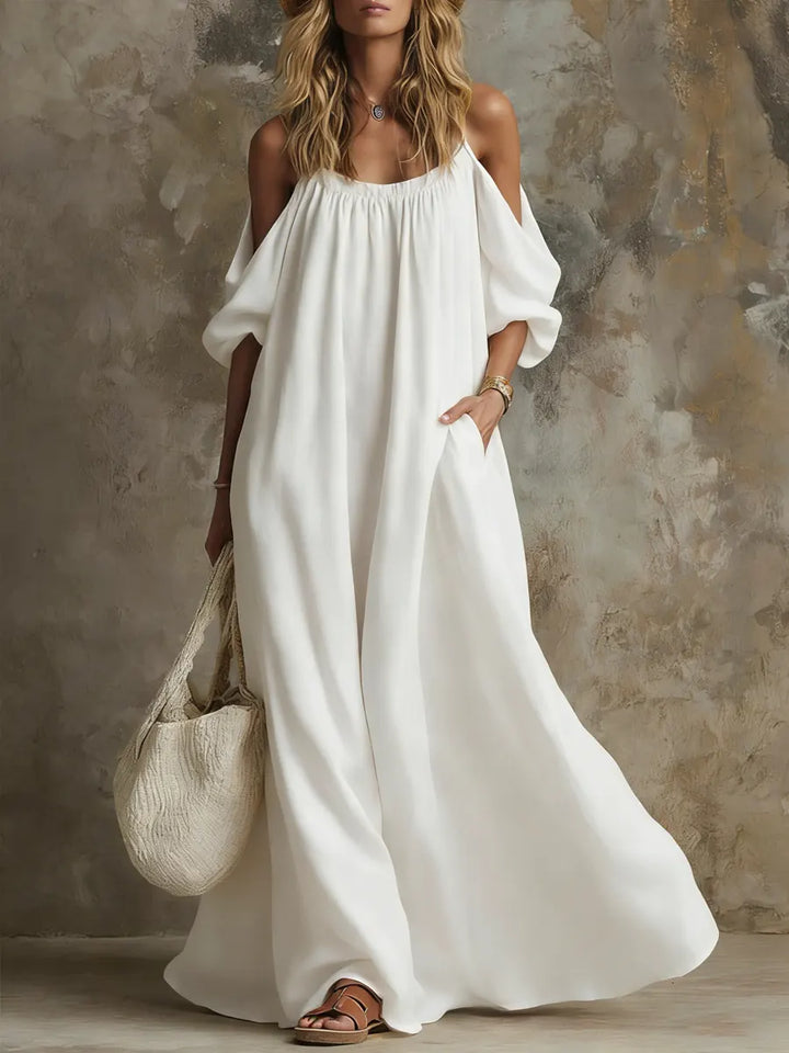Women's Linen Off-Shoulder Maxi Dress Boho Sundress Flare Sleeve