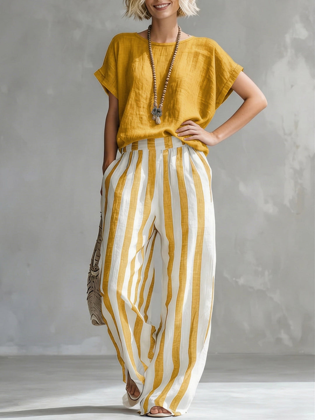 Women's Linen Two-Piece Set Striped Wide Leg Trousers and Short Sleeve Top