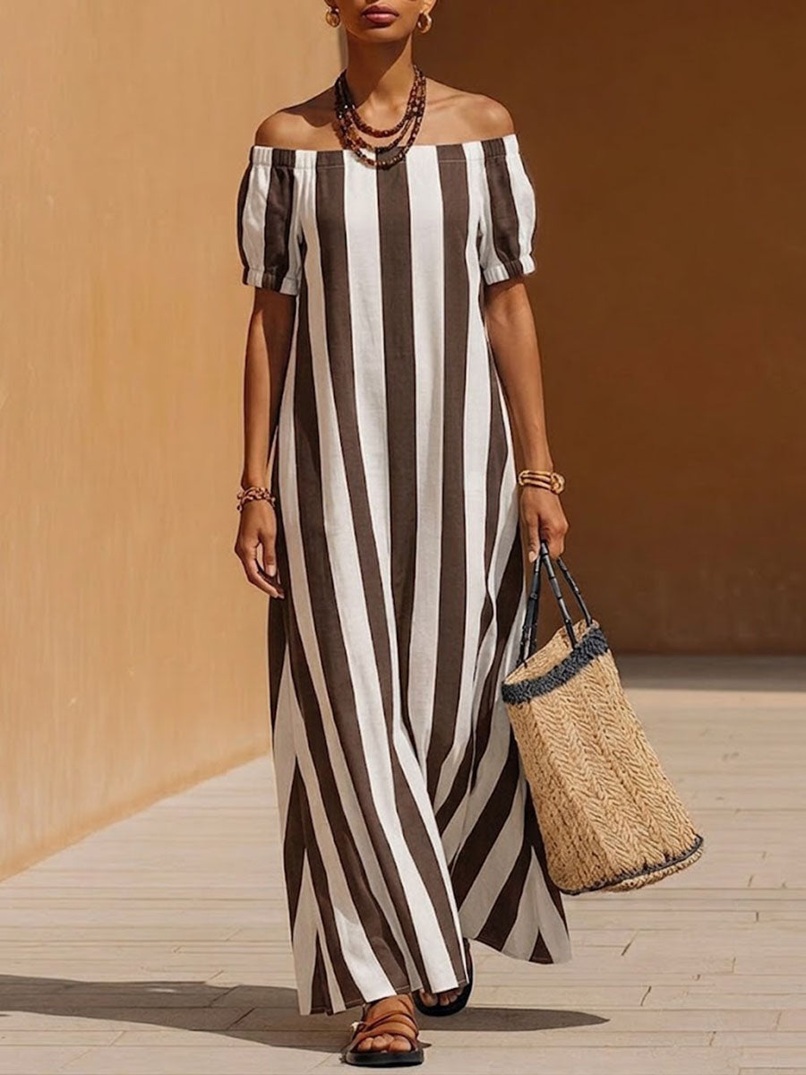 Women's Striped Off-Shoulder Linen Maxi Dress