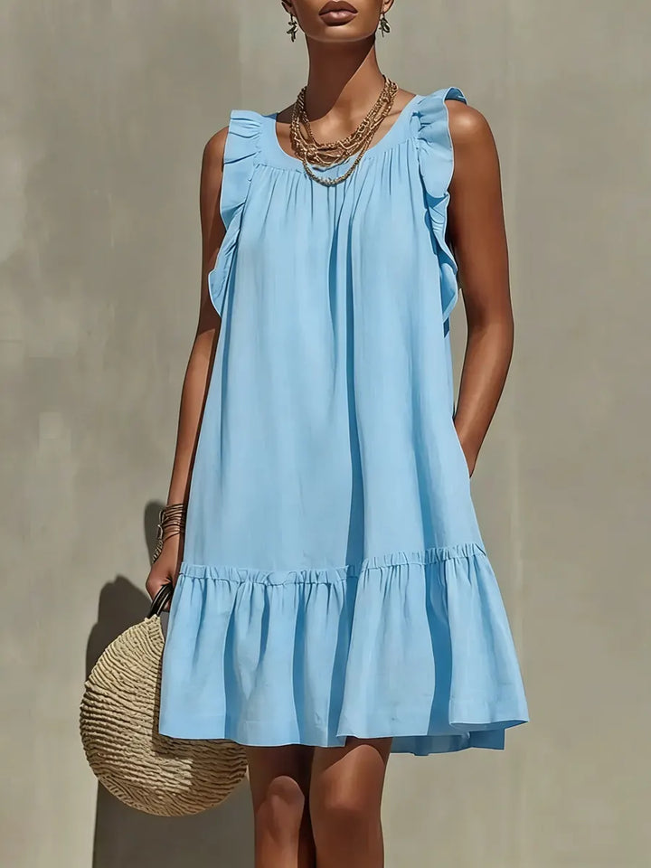 Women's Linen Mini Dress Sleeveless Ruffle Hem A-Line Sundress