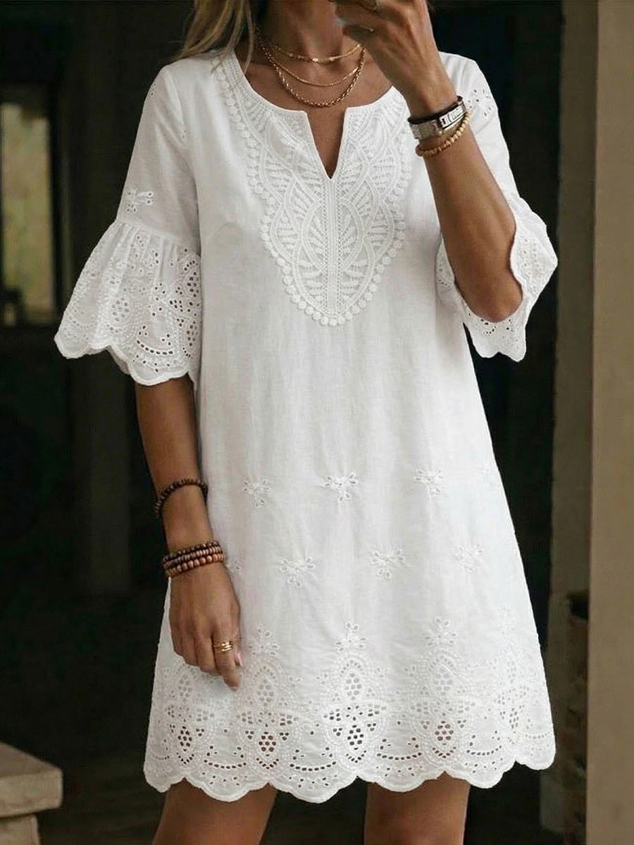 Women's Linen Embroidered V-Neck Flare Sleeve Tunic Dress