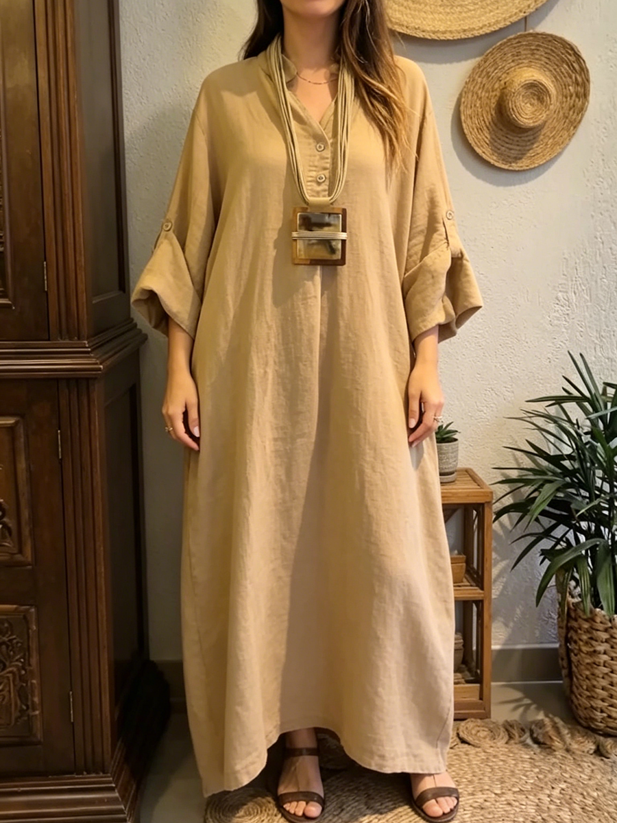Women's V-Neck Long Sleeve Loose Fit Plain Linen Kaftan Maxi Dress