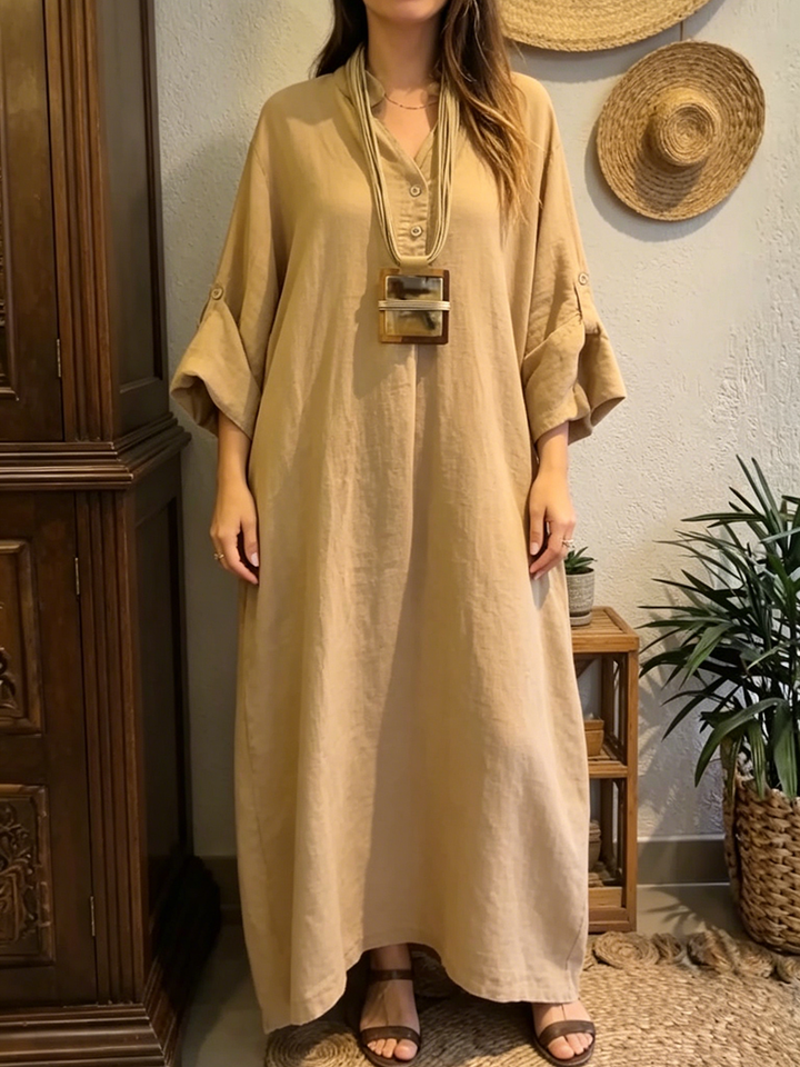 Women's V-Neck Long Sleeve Loose Fit Plain Linen Kaftan Maxi Dress