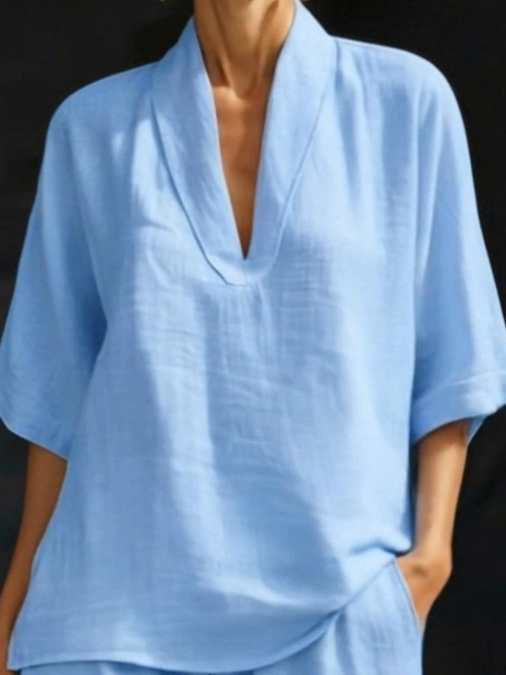 Women's Linen Two Piece Shorts Set V-Neck Short Sleeve Top Lounge Set