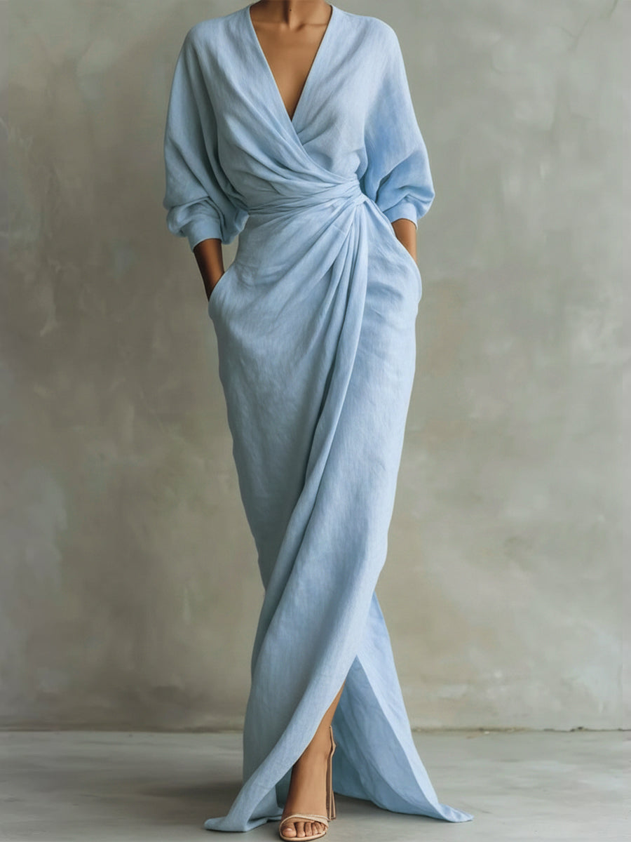 Women’s Linen Wrap Maxi Dress V Neck Elegant Drape Evening Gown