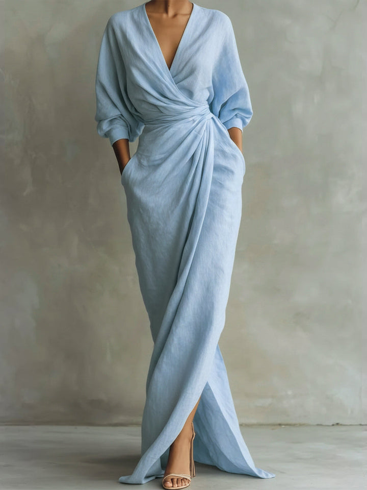 Women’s Linen Wrap Maxi Dress V Neck Elegant Drape Evening Gown