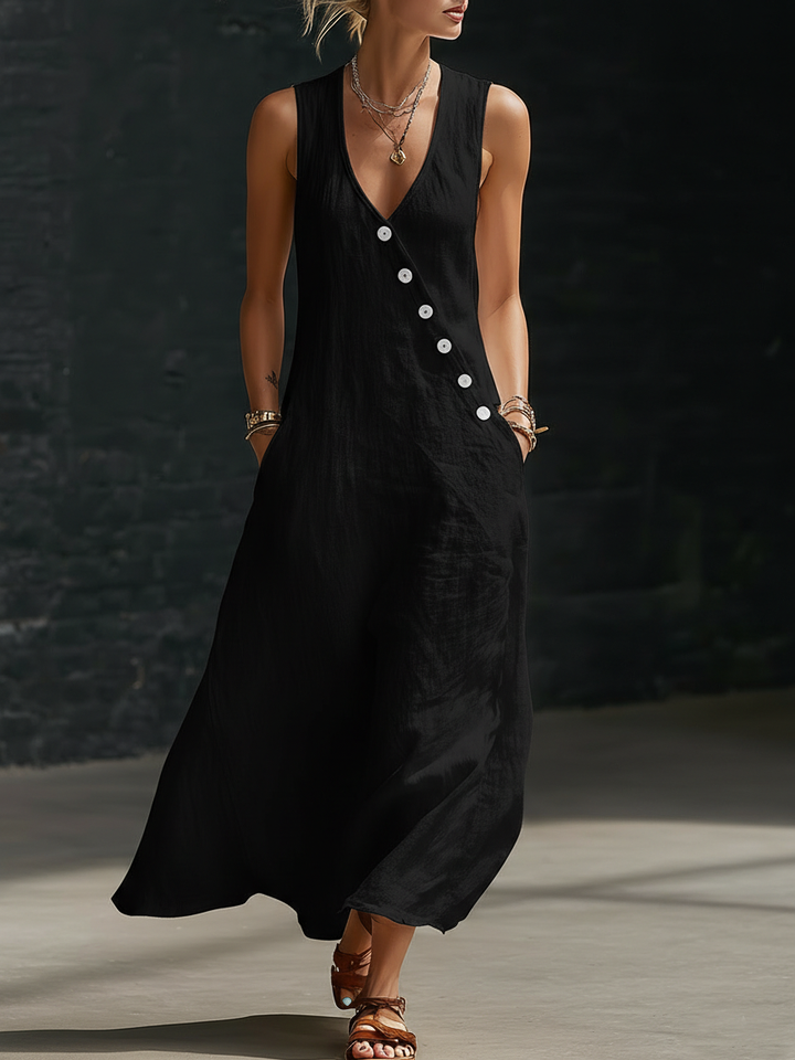 Linen Button-Up Women's Maxi Dress Sleeveless Sundress