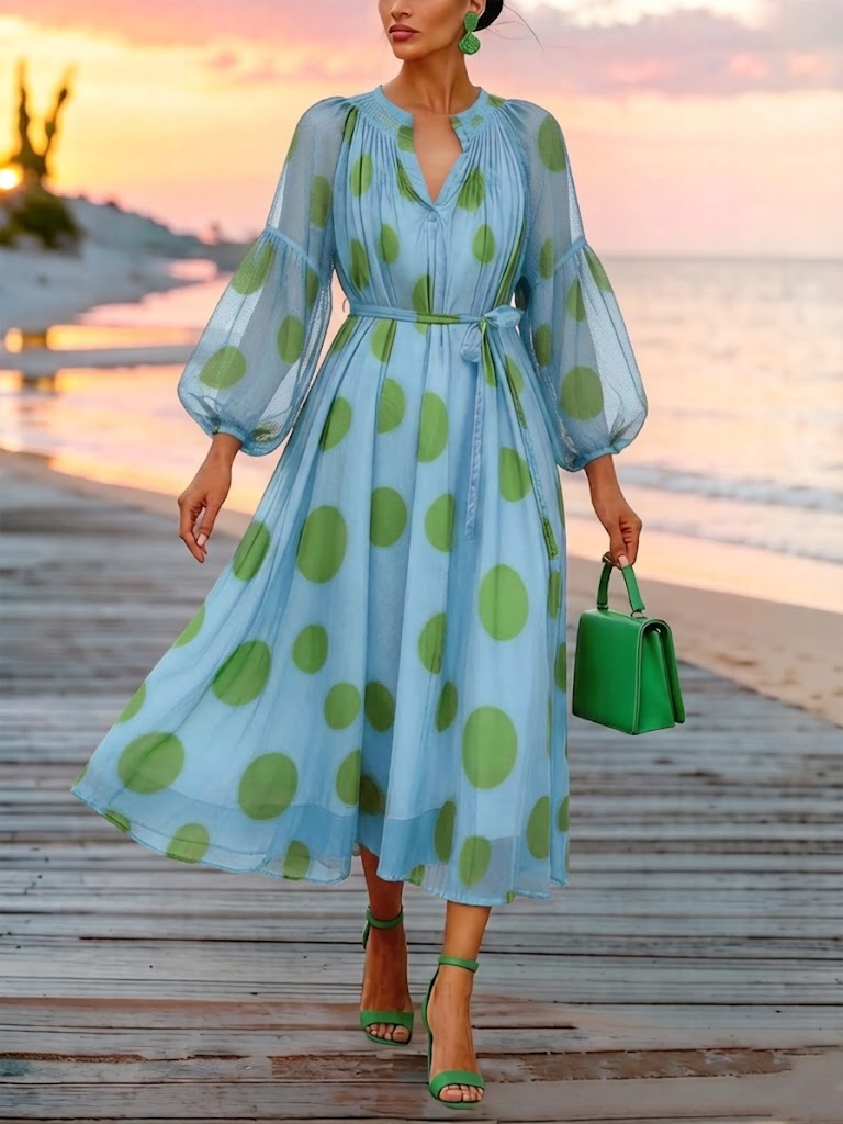Women's Polka-Dot Print Three-Quarter Sleeve Chiffon Midi Dress