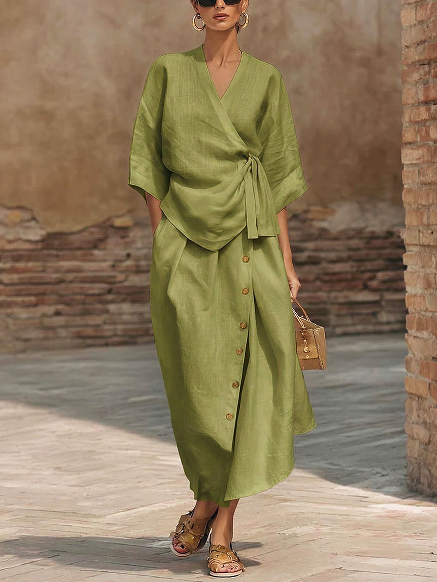 Women's Linen Wrap Top and Skirt Two Piece Set