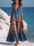 Women's V-Neck Sleeveless Ruffle Leopard-Print Linen Maxi Dress
