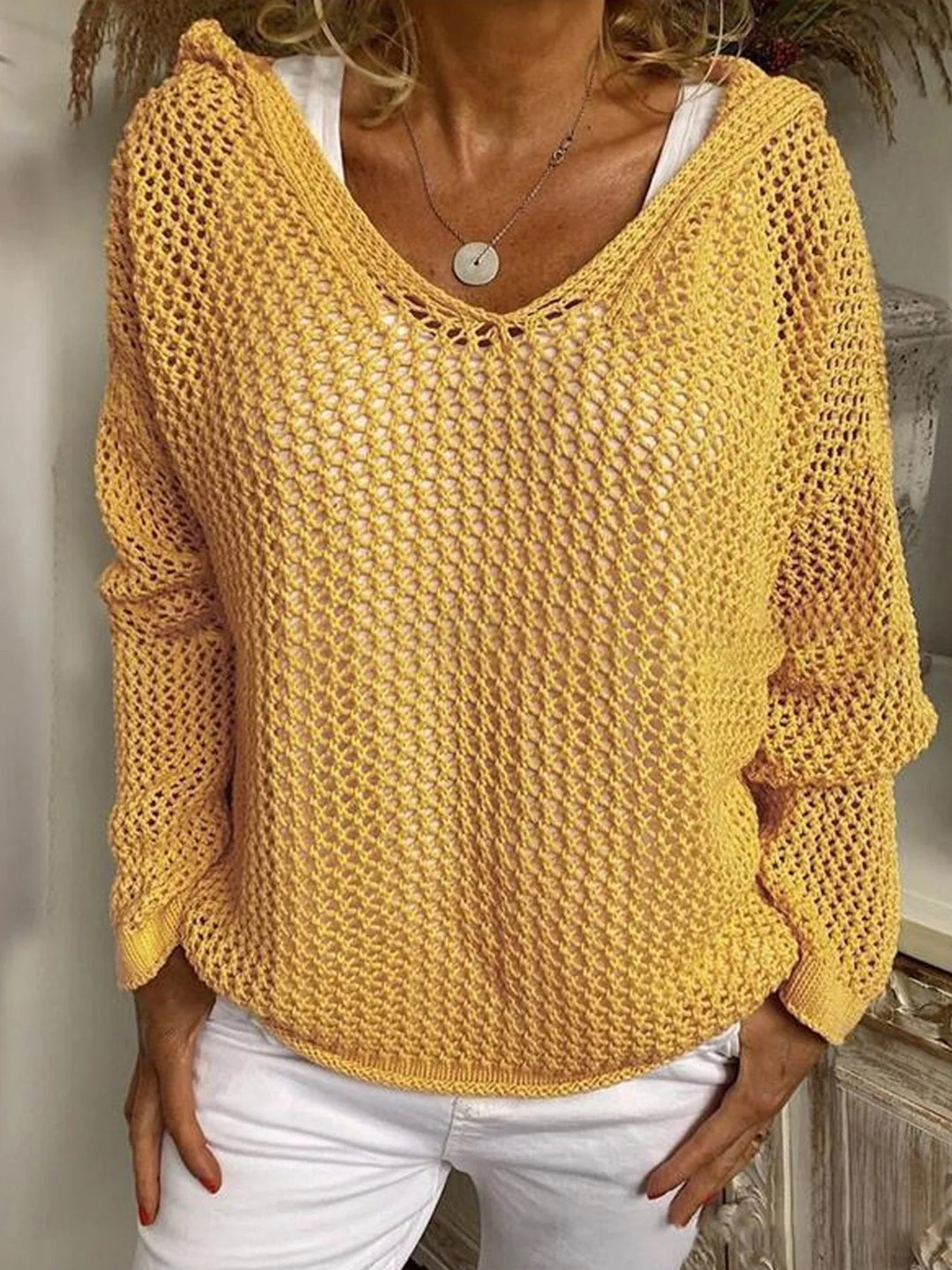 Women's Knit V-Neck Loose Crochet Mesh Oversized Jumper Hoodie