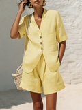 Women's Linen V-Neck Button Blazer and Shorts Two-Piece Set