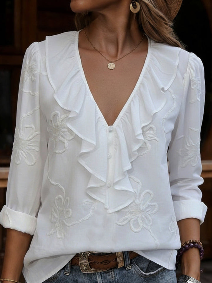 Women's Linen Ruffle V Neck Blouse