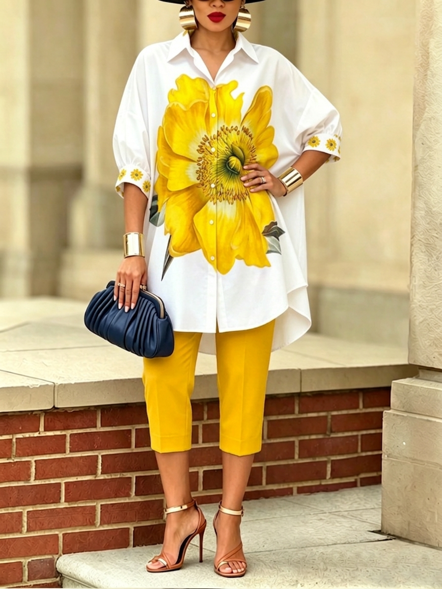 Women's Floral Print Oversized Linen Mix Shirt and Cropped Trousers Set