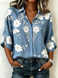 Women's Linen Floral Print Button Up Shirt V-Neck Casual Loose Blouse